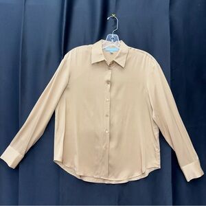 Antonio Melani Yana Long Button-Up Sleeve Stretch Silk Blouse In Champagne Beige